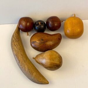 WOODEN fruit set 7 pieces banana apple mango plum apricot pear brown tones